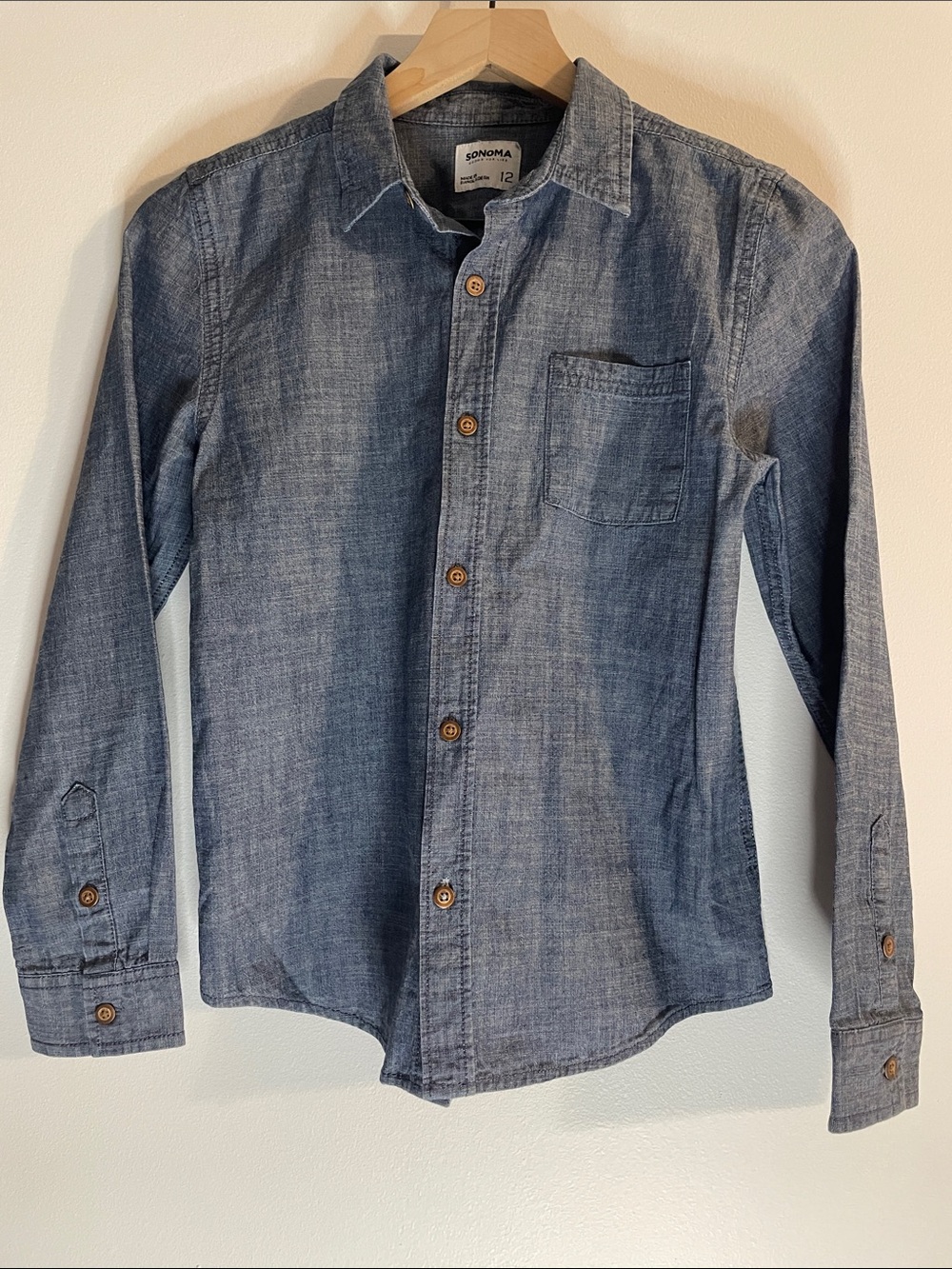 Sonoma Washed Denim Look Button Down Up Front Shirt Blue Kids Boys 12